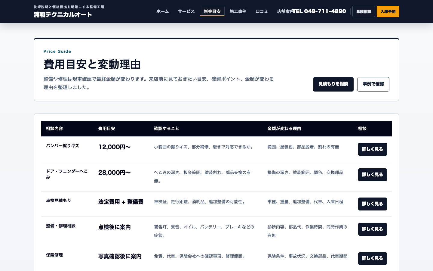 技術力、保証、価格説明で納得感を作る 料金目安